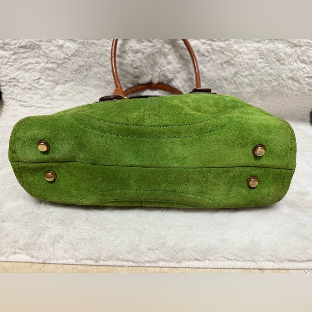 Coach Hampton Flap Satchel- Green Suede Shoulder Bag with Brown Leather Straps - Picture 11 of 14